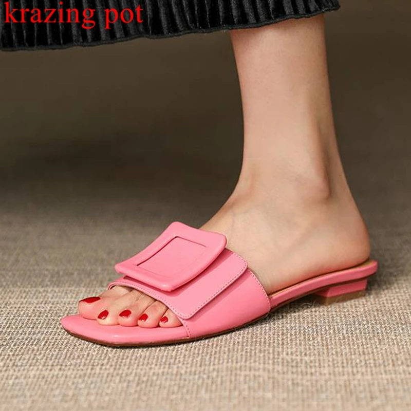 

Krazing pot genuine leather peep toe thick low heels fashion shoes women metal buckle decorations slip on cozy outside slippers