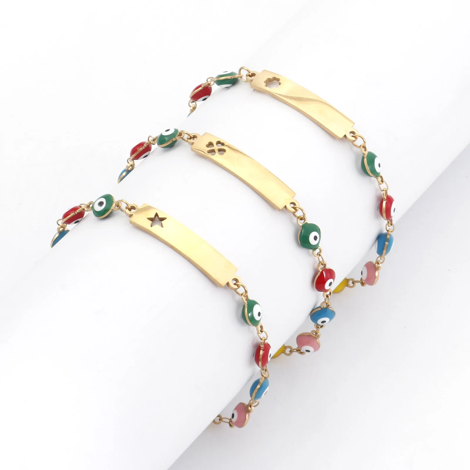 

1PC Enamel Stainless Steel Religious Bracelets Eye Link Cable Chain Gold Color Rectangle Charms Bracelet Women Jewelry 17cm long