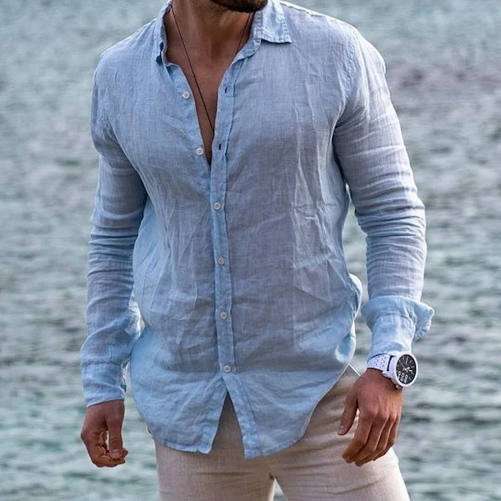 

Рубашка Мужская льняная с лацканами, винтажная уличная одежда, топ с воротником, однотонная Повседневная на пуговицах, осень 2023