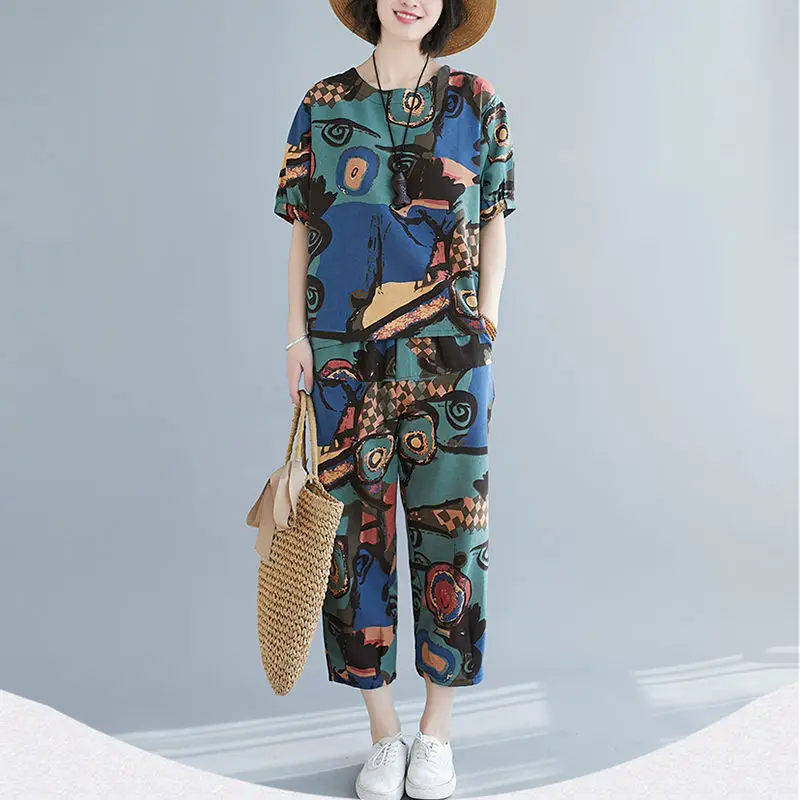 

Women 2 Piece Set Loose Short-sleeved T-shirt Tops + Pants Suits Middle-aged Mother Summer Clothing E117
