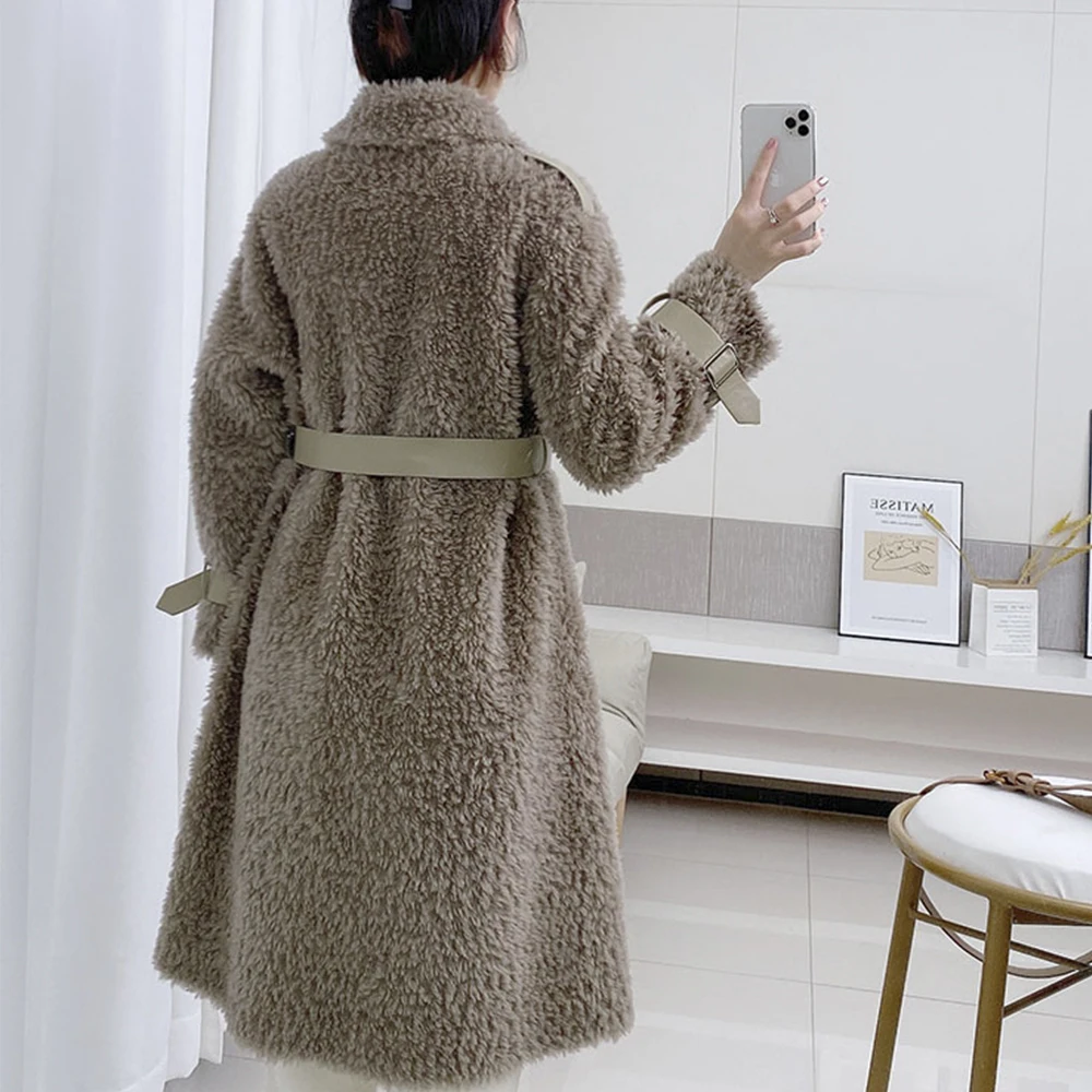 Winter Jacket Women 100% Natural Wool Lamb Fur Coat Long Thick Warm Overcoat Real Sheepskin Leather Belt Casual Streetwear