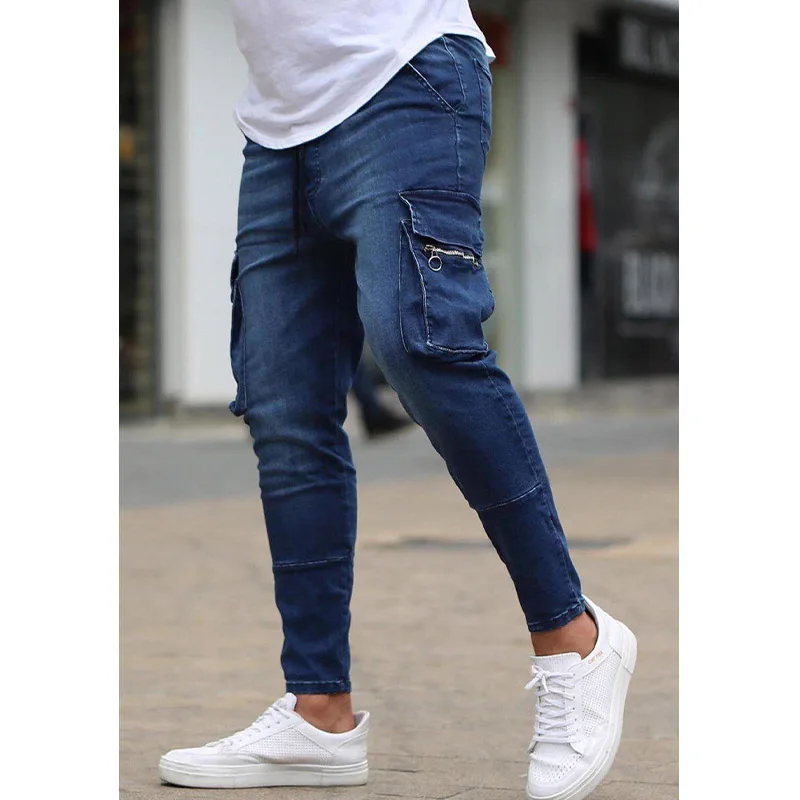 Men's Jeans Blue Stretch Multi-Pocket Zippers Denim Trousers Slim Fit Fashion Casual Pants Black Cargo Jeans Men