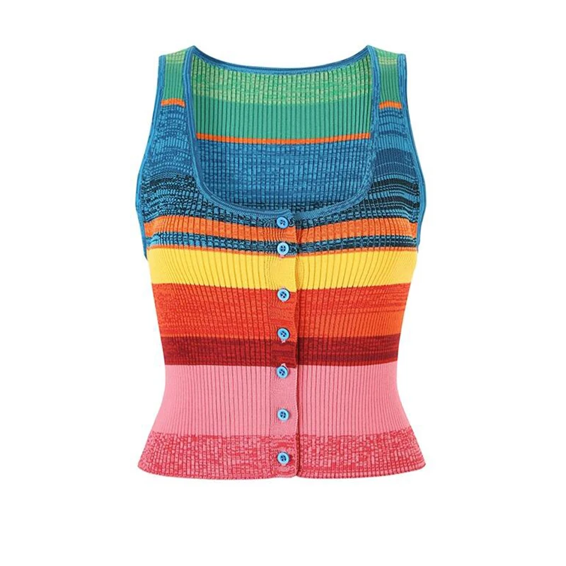 

2023 Summer Sexy Women's Tank Tops Sleeveless Vest Y2k Square Collar Rainbow Stripe Crop Top Off Shoulder Casual Basic Camisole