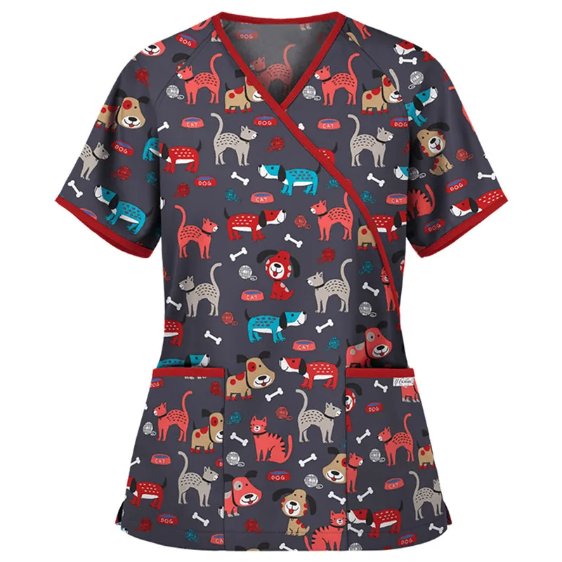 

Women Cartoon Animal Print Scrub Shirt Tops Short Sleeve v Neck Pocket Working Uniform Medical Workwear
