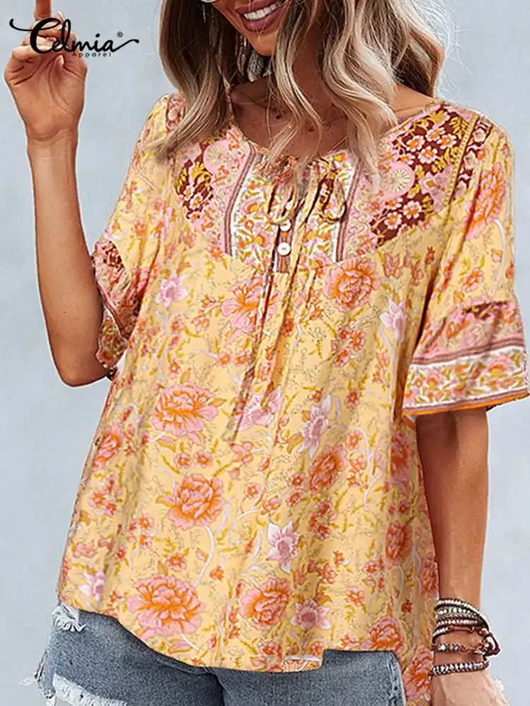 

Celmia Leisure Stitching Buttons Tops Bohemian Floral Printed Shirt Summer 2022 Fashion O-neck Blouse Holiday Short Sleeve Blusa