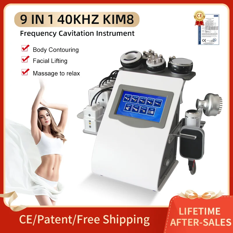 Фото Инструмент 40K Kim 8 System 9in1 Lipo Laser 40K Ультразвуковой RF Вакуумная кавитация Массаж для похудения Формирование тела против морщин №1