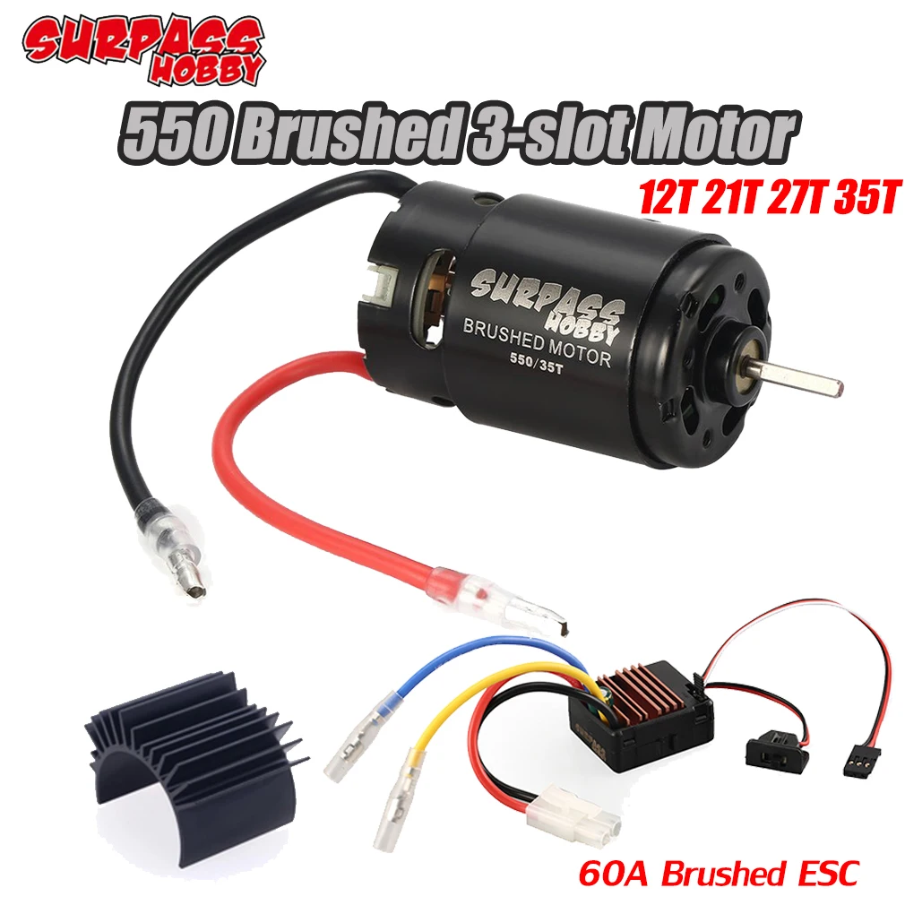 Щеточный двигатель Surpass Hobby 550, 3 слота, 12T, 21T, 27T, 35T, 60A, щеточный радиатор ESC для радиоуправляемого внедорожника 1/10, HSP, HPI, Kyosho, TRAXXAS