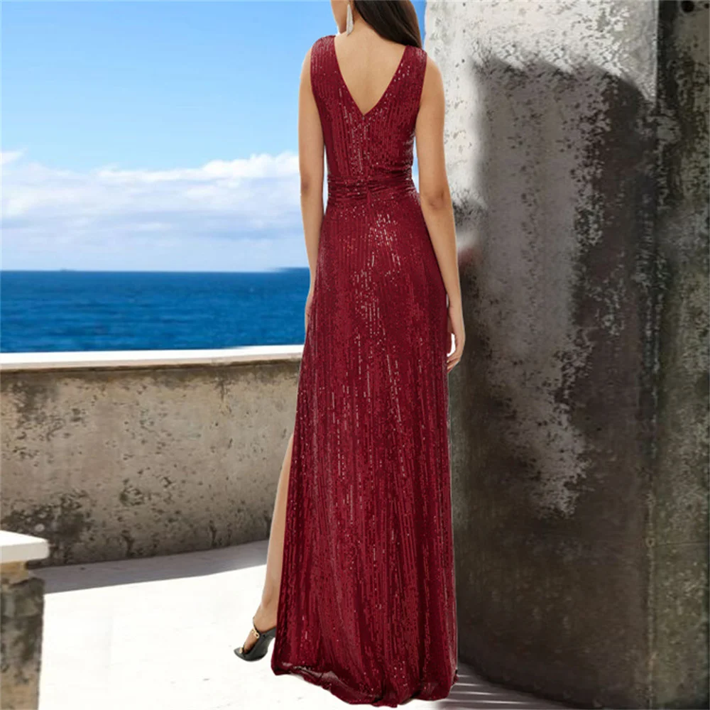 2023 New in Women Evening Party Dresses Sequins Deep V-neck High Split Hollow Out Maxi Dress Ladies Elegant Prom Long Gowns