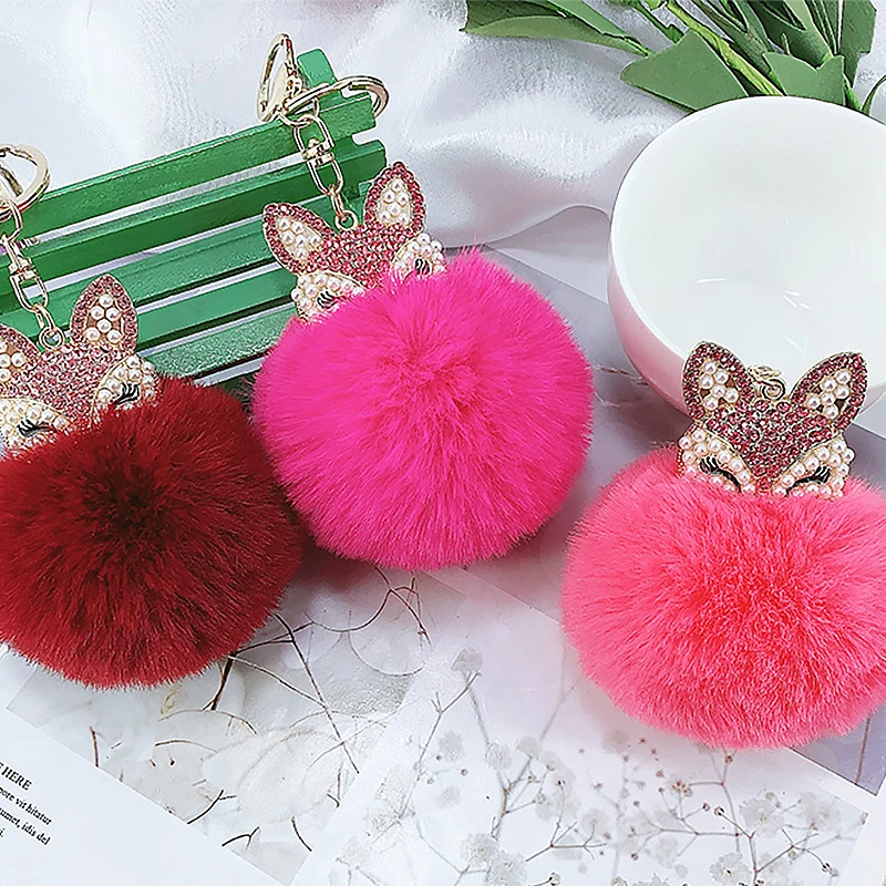 

Cute Mini Fox Fur Ball Keychain Handmade Fluffy Fur Pompom Ball Inlaid Rhinestone Lady Bag Accessories Car Key Ring Pendant New