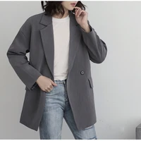 2021 women elegant lapel single button black blazer spring autumn gray vintage jacket coat fashion workwear female formal coats