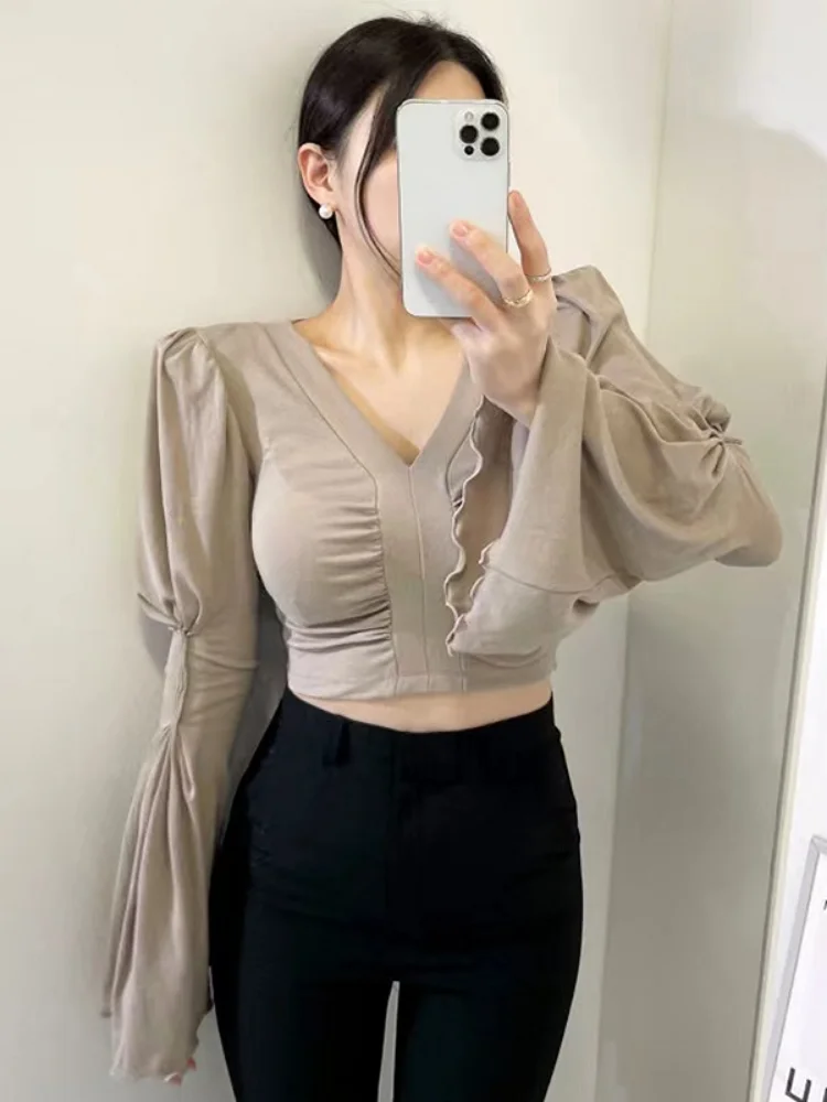 Кроп-топы Woherb Y2k модные плиссированные футболки однотонные облегающие пикантные