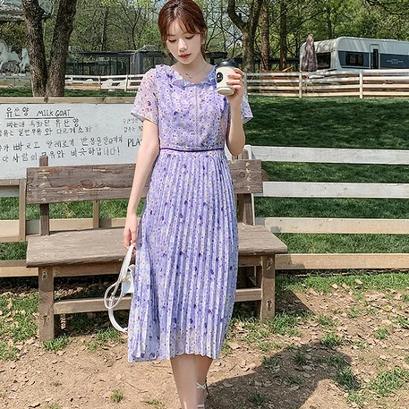 

Summer Chiffon Floral Midi Dress Women Short Sleeves Pleated Party Dresses Floral Female Beach Print Dress