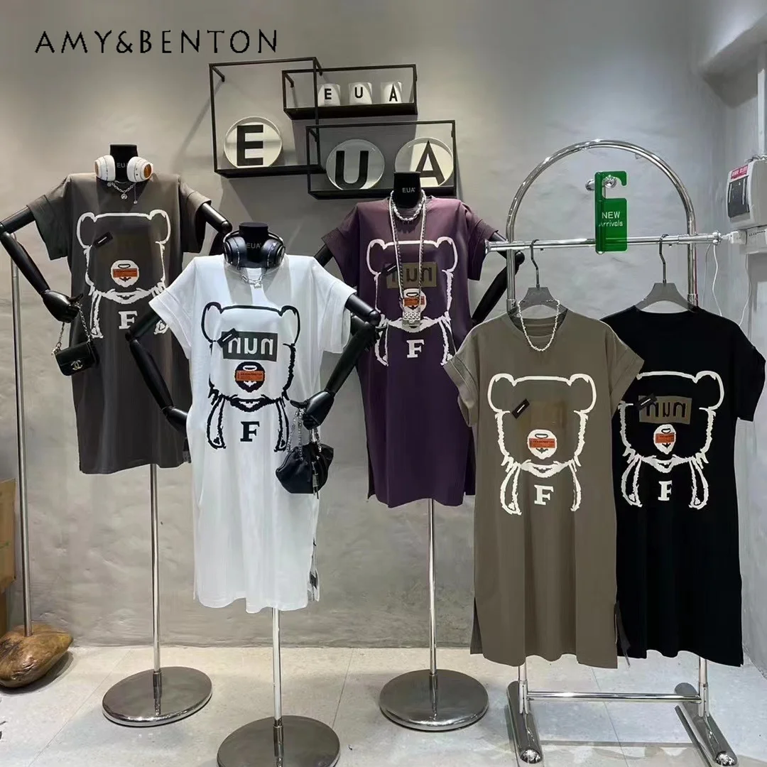

Fashion Slit Hemline At Hem Long T-shirt Dress Women's Clothing 2023 Spring New Little Bear Cartoon Letter Loose Idle Dresses