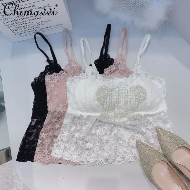 

2022 Spring New Sweet Cartoon Pattern Beaded Camisole Female Fashion Bow All-Match Slimming Lace Short Top for Ladies