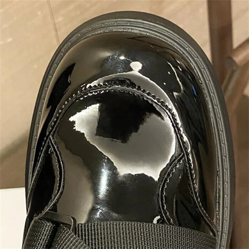 Japanese Cross Patent Leather Round Toe Platform Loafers Slip on Flats Ladies Casual Shoes Women's Original Design Oxfords