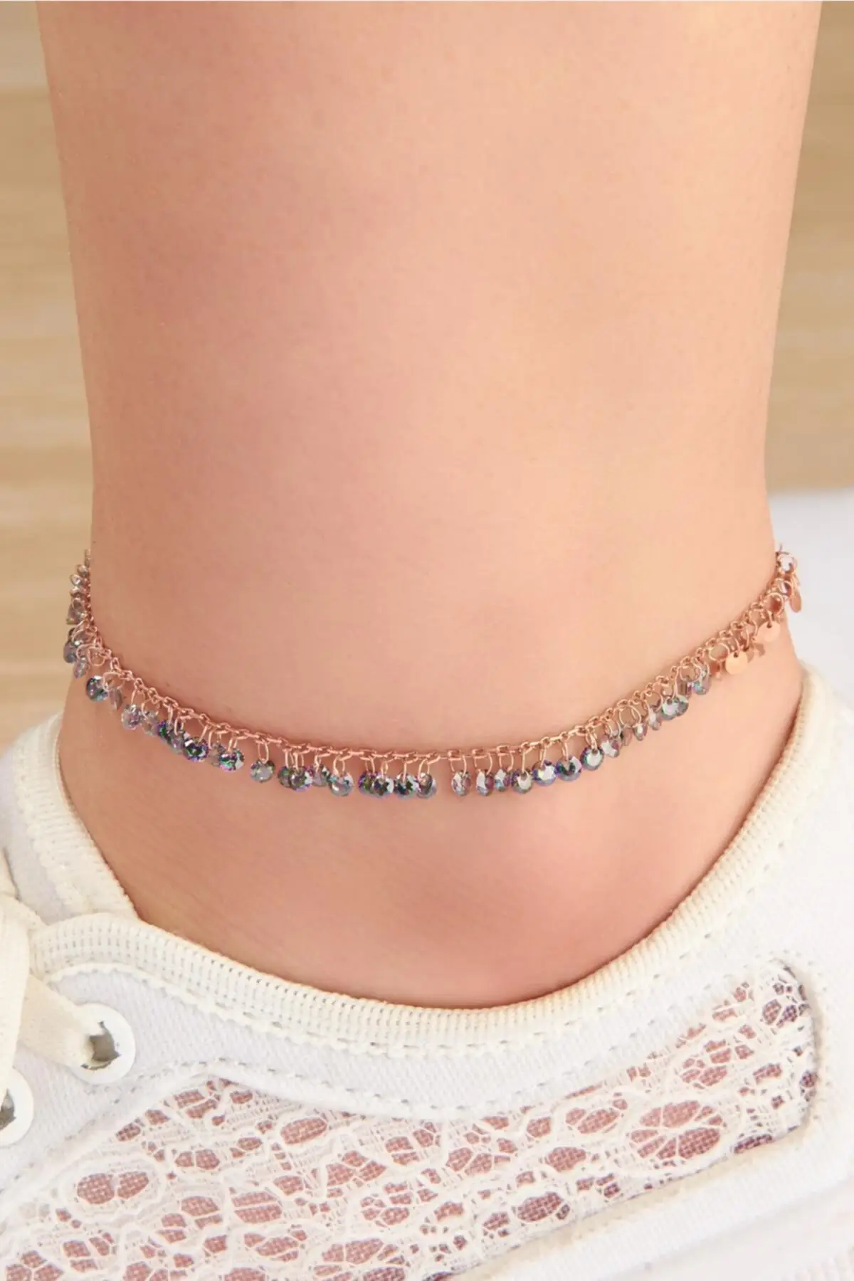

Silver Rose Mystic Topaz Gemstone And Round Sequin Anklet