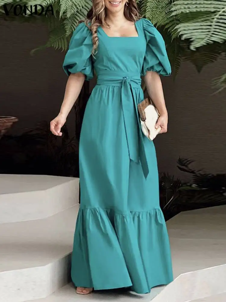 

Summer Shirt Dress 2023 VONDA Elegant Ruffled Maxi Sundress Women Bohemian Square Collar Short Sleeve Vestido Casual Maxi Robe