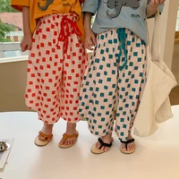 summer children fashion block printed korean loose trousers boys girls cotton thin casual harem trousers 1 7y casual pants kids