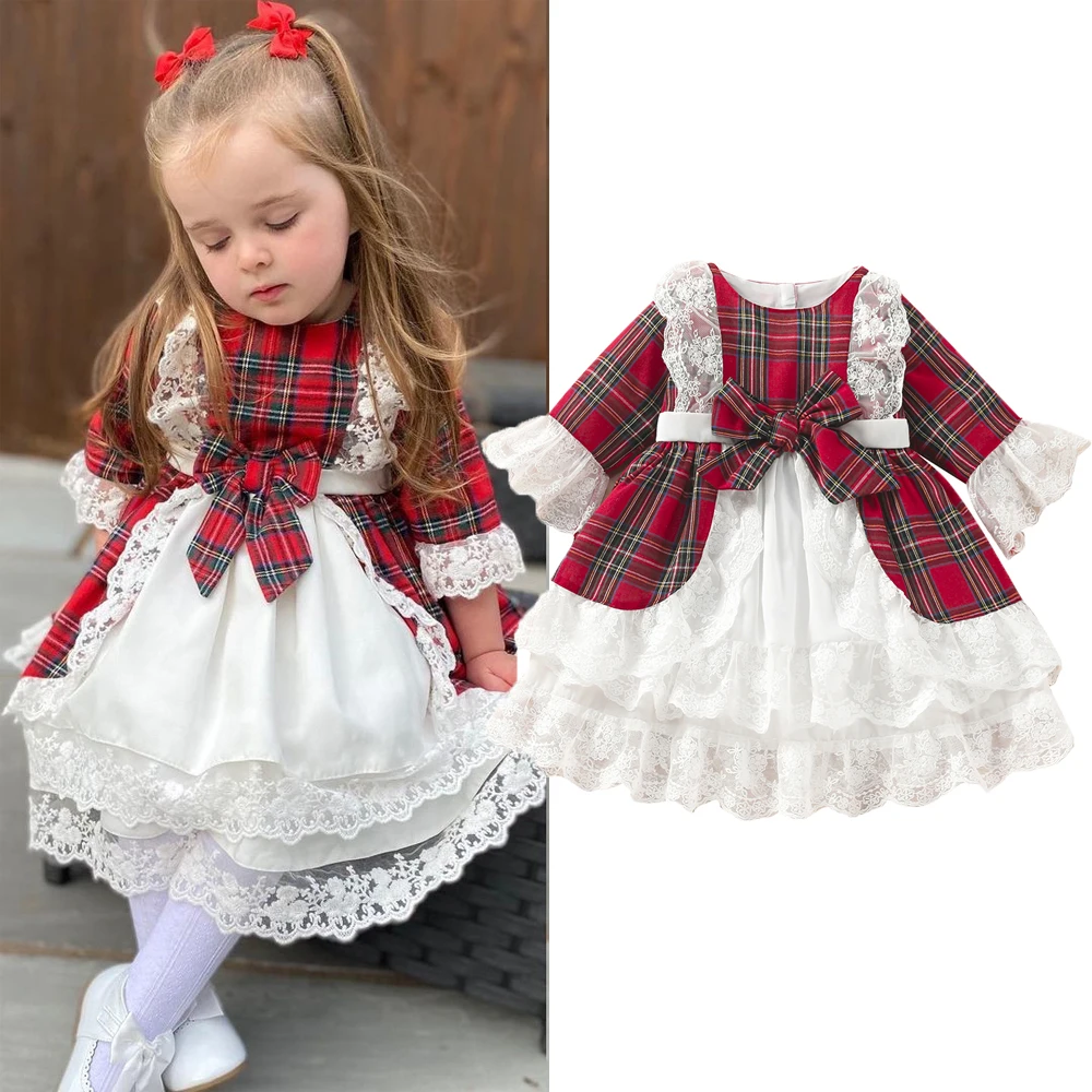 

2022-08-11 Lioraitiin 1-7Years Toddler Baby Girl Autumn Winter Dress Long Sleeve Lace Patchwork Plaid Printed Fashion Clothing