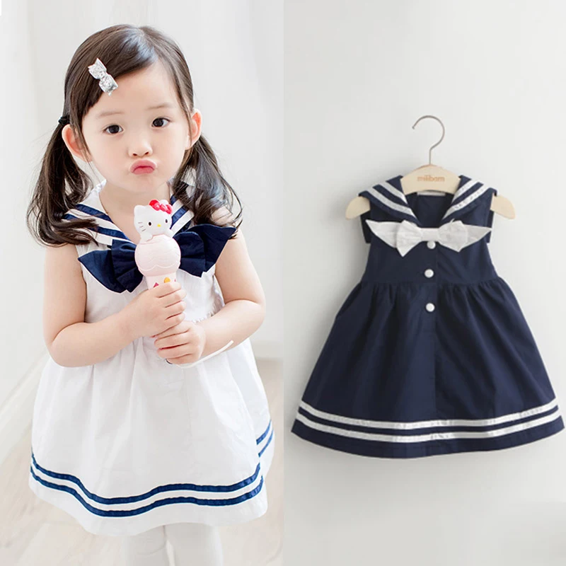 

2023 Summer 2-10T Years Children Sweet Sleeveless Bow Sailor Collar Navy Blue White Patchwork Little Kids Girls Navy Vest Dress
