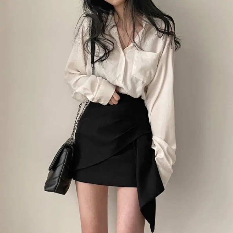 

Summer Fashion Outfits White Long-sleeved Shirt Top and Irregular Skirt Suit Women Long Sleeve Two Piece Set Skirts