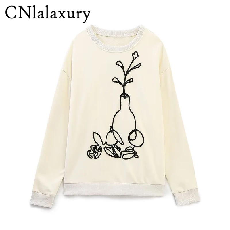

CNlalaxury Autumn Winter Women Beige Embroidered Sweatshirt Casual Round Neck Pullover Long Sleeve O-collar Hoodie Sudaderas