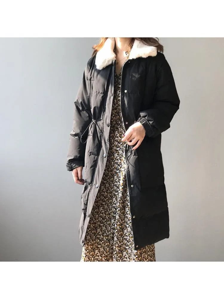 2022 Winter Sustans-Padded Thick Black Long Parkas Jackets Women Imitation Rabbit Fur Collar Loose Warm Bread Coats