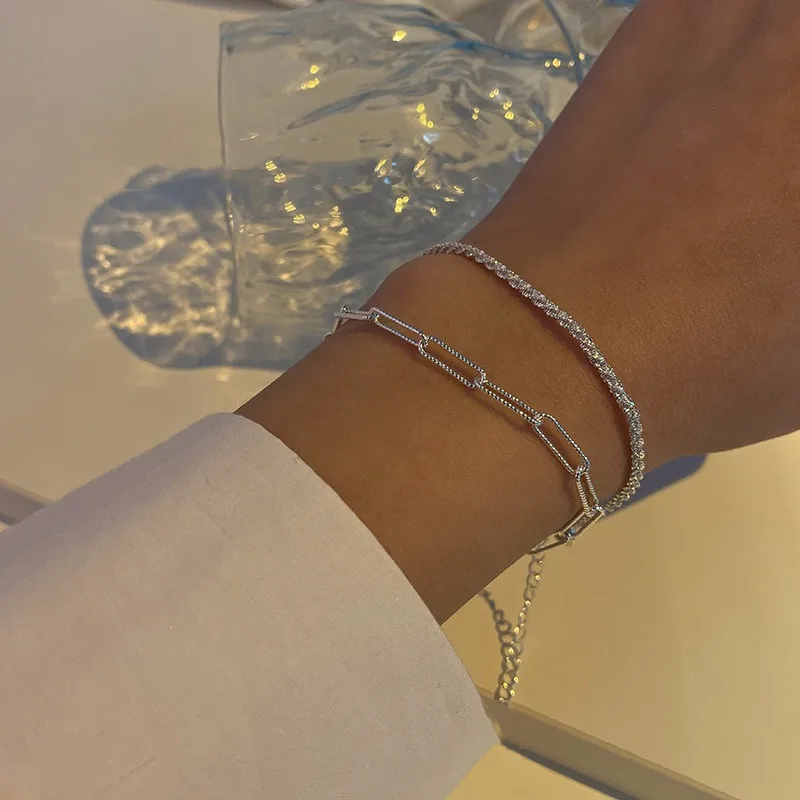 

New Fashion Silver Colour Double Layer Bracelet Sparkling Exquisite Girl's Bling Bracelet Party Office Lady Jewelry Accessories