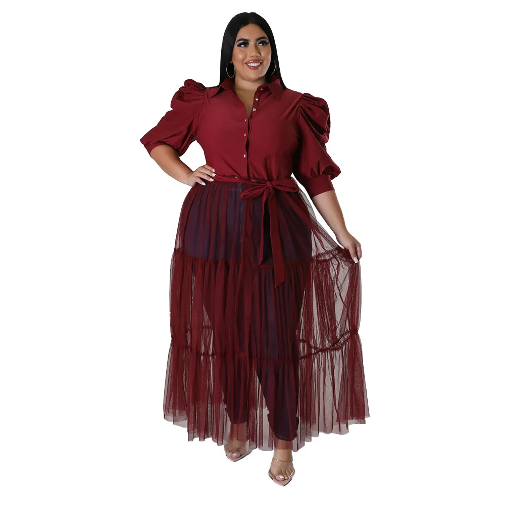 Plus Size Summer Fashion Women Mesh Shirt Dress Big Size Clothing Short Sleeves Belt Turn Down Neck Bu 3xl 4xl 5xl 6xl