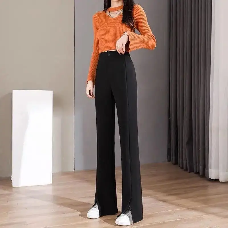 

Women 2022 Spring Summer Fashion Suit Trousers Female High Waist Casual Flared Pants Office Lady Split Workwear Formal Pants T46