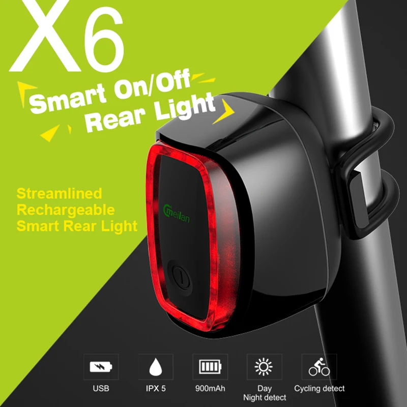 

MEILAN X6 Smart Bicycle Taillight USB Rechargeable Bike Rear Laser Lights Cycling Led Brake Detected Tail Lamps Bike Accessories