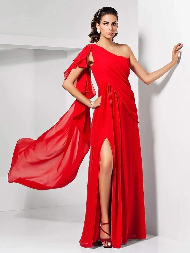 

Long Empire Wedding Guest Formal Evening Dress One Shoulder Sleeveless Floor Length Chiffon with Draping Slit