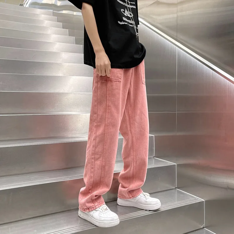Baggy Pink Jeans Men's Fashion Harajuku Casual Straight Jeans Men Streetwear Loose Hip Hop Denim Pants Mens Trousers S-3XL