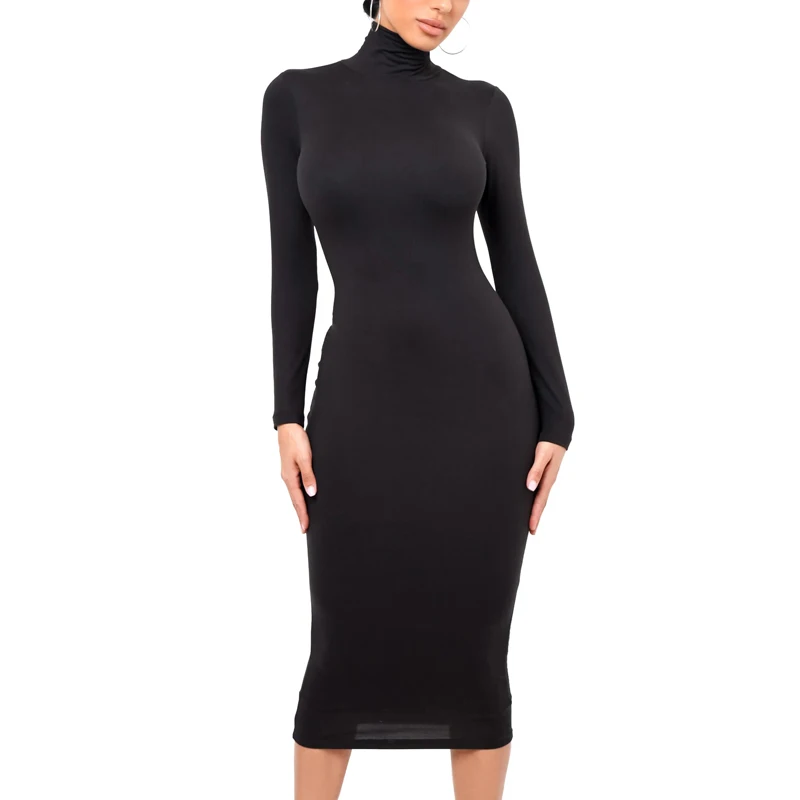 

Черные сексуальные облегающие длинные платья для женщин с длинным рукавом зимнее платье с высоким воротником вечерние Осенние повседневны...