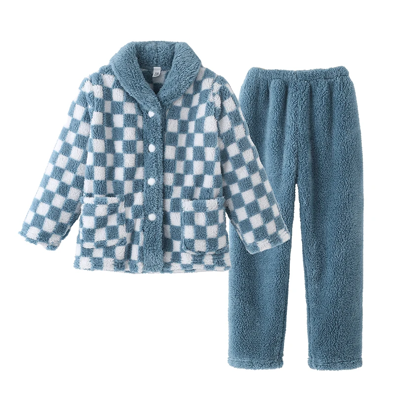 

Children Pajamas Suit Flannel Boys Girls Warm Sleepwear Set Cute Checkerboard Styles Thicken Autumn Winter Night Clothes 2 Piece