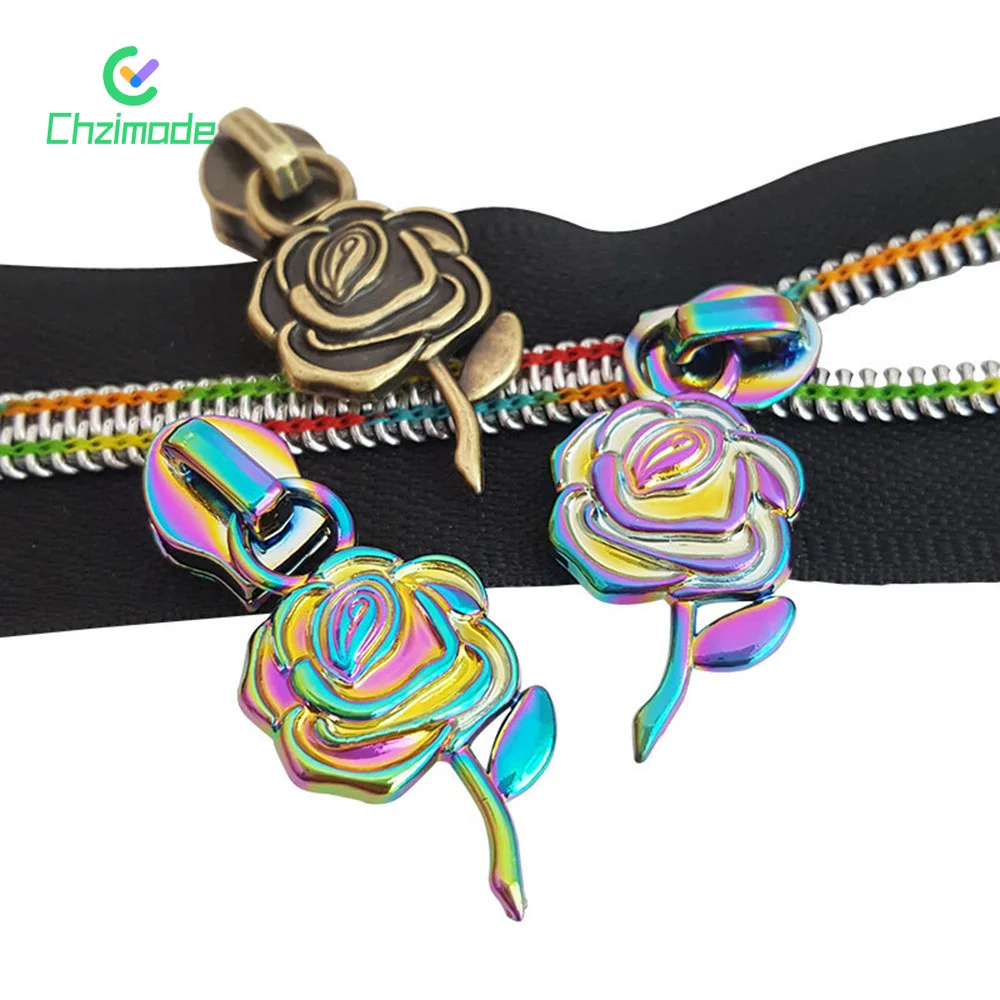 

5PCS Metal Rose Flower Zipper Head Luggage Wallet Clothing Zipper Puller Spot Paint Craft Zippers for Apparel Bag Accessories