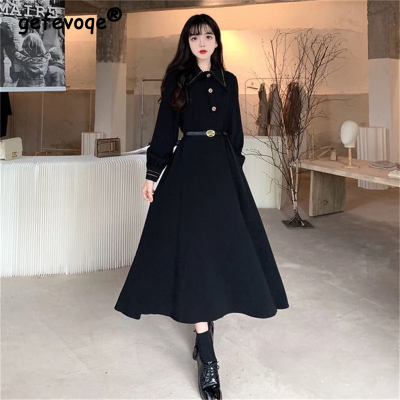 

Autumn Black Temperament Korean with Belt Slim A-line Dress Lapel Long Sleeve High Waist Harajuku Mid-length Dresses Vestidos