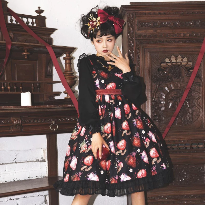 Japanese Retro Kawaii Lolita Jsk Dress Women Punk Lace Ruffles Strawberry Dresses Girls Victorian Gothic Lolita Suspender Dress images - 6