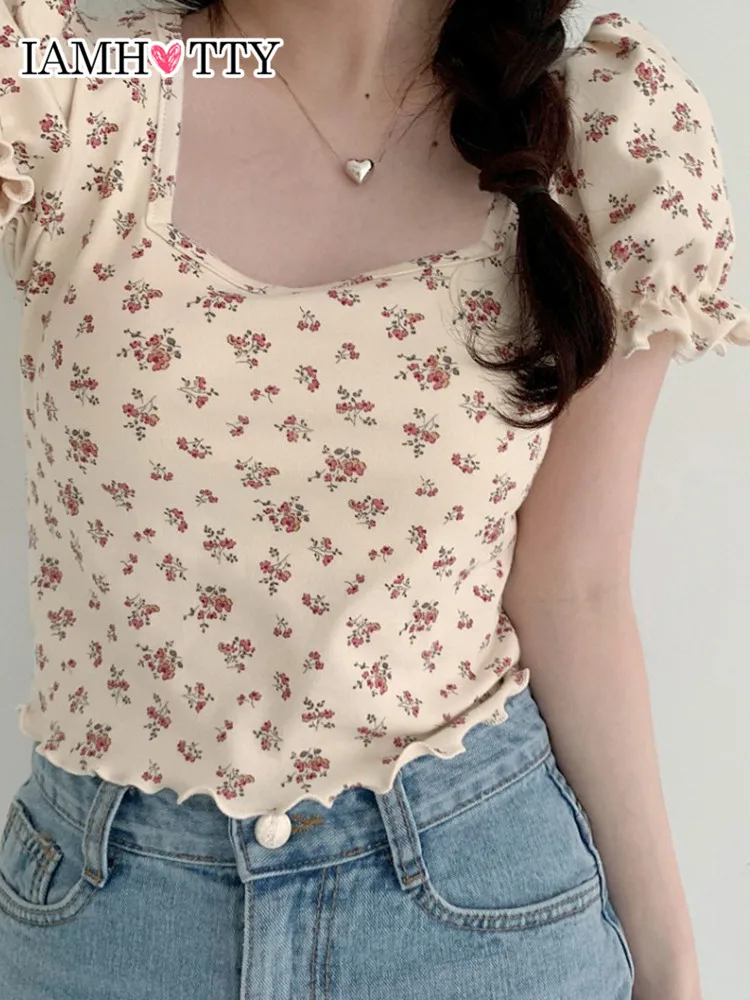 

IAMHOTTY Ruffle Floral Print Kawaii Crop Top Women Japanese Style Cotton T-shirt Cute Aesthetic Pullovers Casual Basic Tops Hot