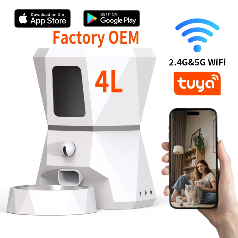 Фото Высококачественный автоматический дозатор корма для кошек с Wi-Fi, управлением через приложение Tuya, таймером и регулируемой HD-камерой, объем 4 л №1