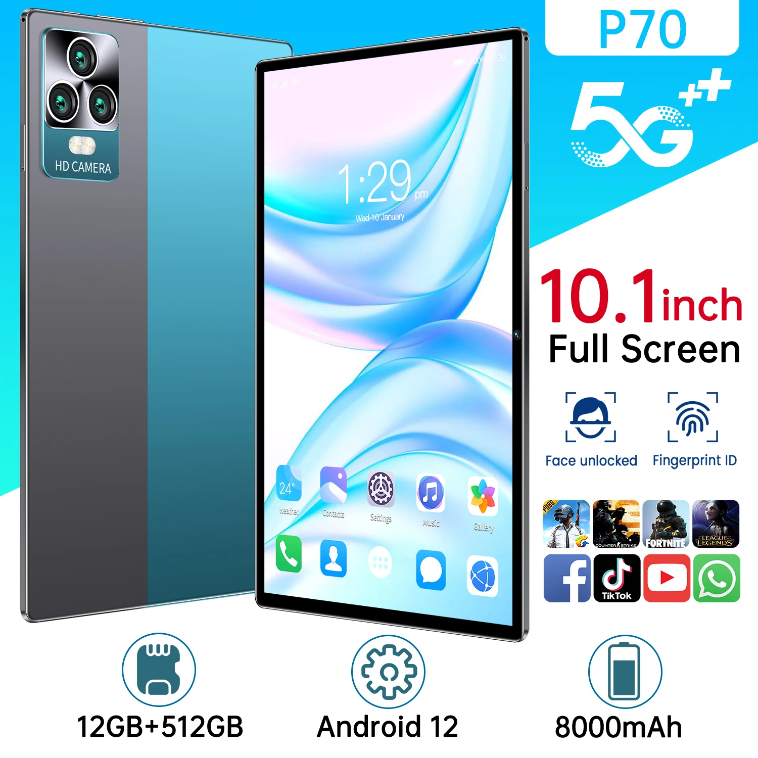 

Hot Sale Tablet P70 10 Core Android 12 Google Play 8000mAh GPS Qualcomm 870 WIFI Pad 12+ 512GB Dual SIM 48MP Laptop 10.1 Inch PC