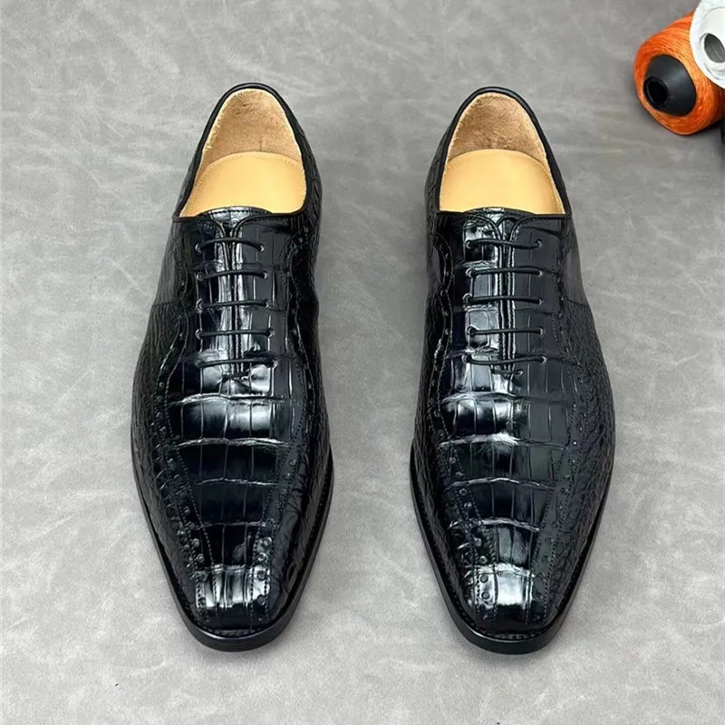 Zapatos de vestir de piel auténtica de cocodrilo con punta cuadrada para hombre, zapatos de negocios, hechos a mano, con cordones, Oxford