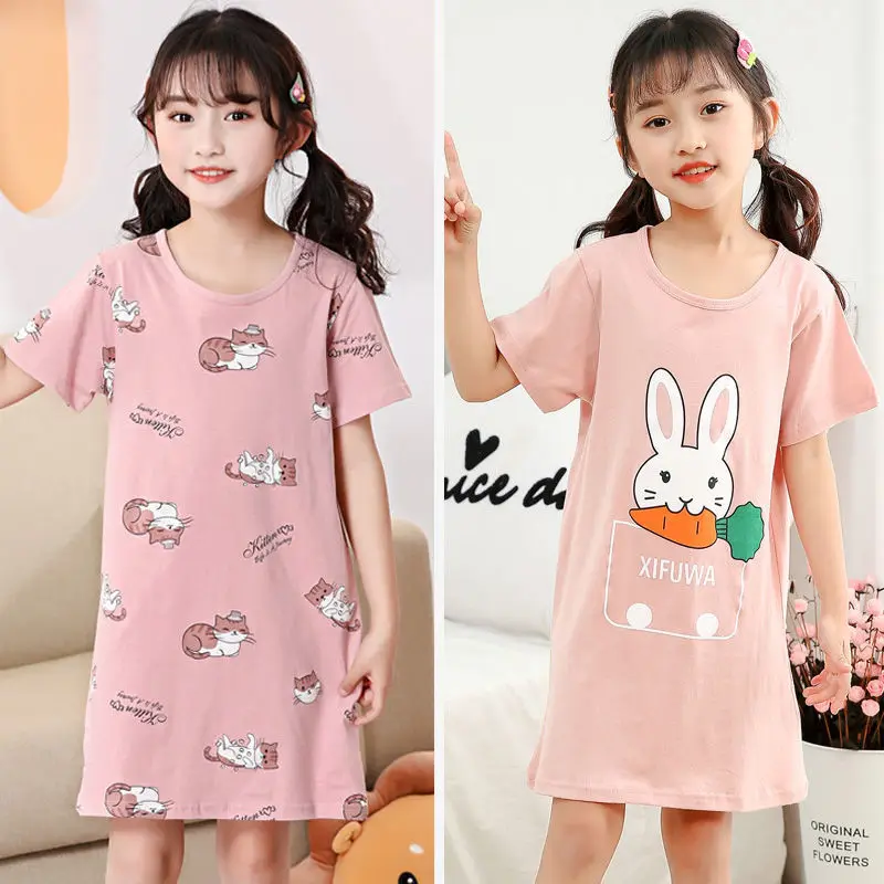 

Children Girls Summer Clothes Casual 100% Cotton Cartton Rabbit Nightgowns Toddler Girl Pajamas Dress for 2-12 Years Big Child
