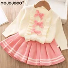 Одежда для маленьких девочек, вязаный свитер, комплект на осеньзиму, милый свитер с бантом для девочек, трикотажная одежда принцессы + плиссированная юбка, комплект из 2 предметов