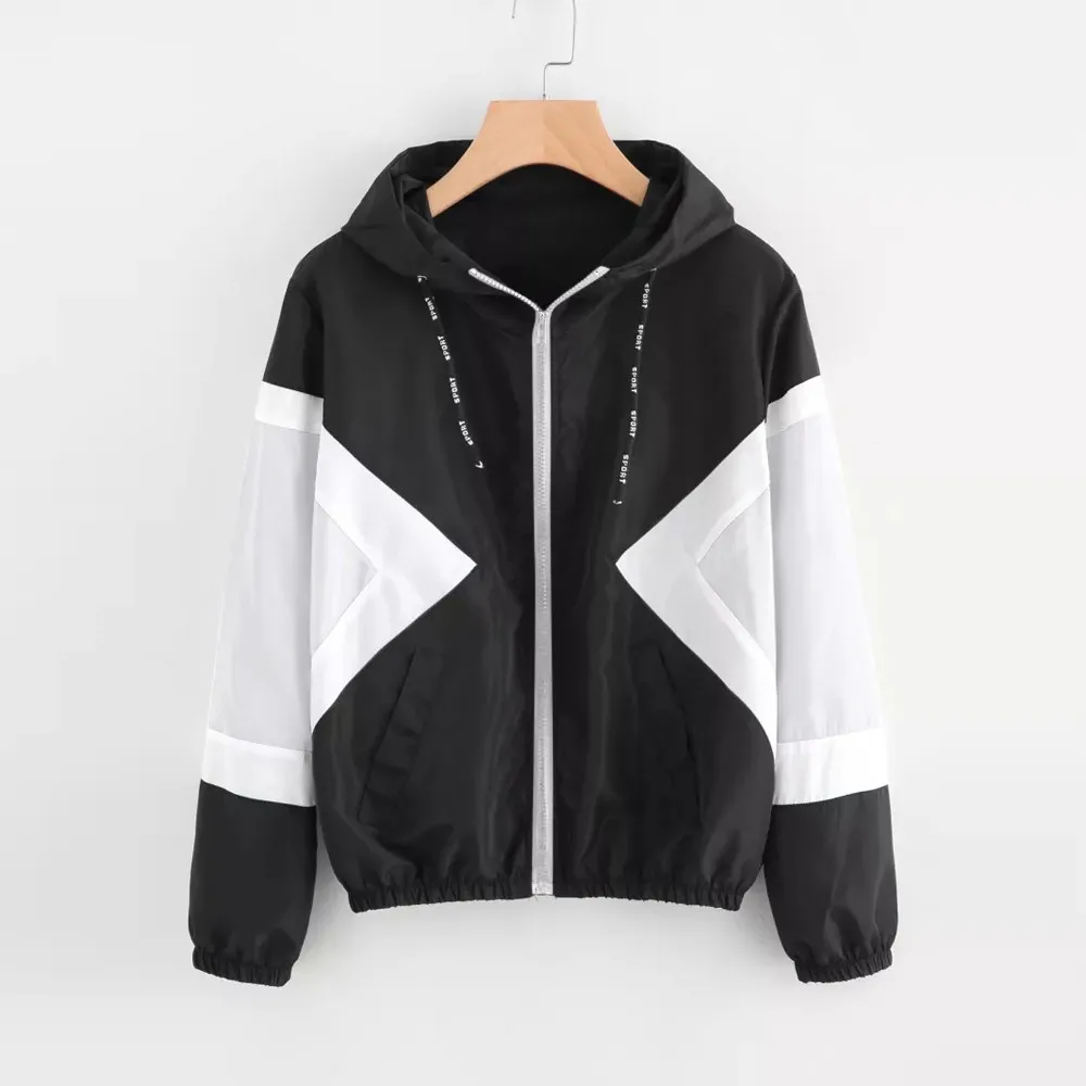 

Women Long Sleeve Patchwork Thin Skinsuits Hooded Zipper Pockets Sport Coat
