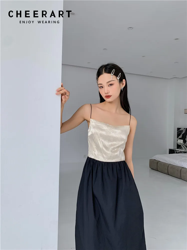 

CHEERART Vintage Backless Satin Patchwork Slip Dress For Women 2022 Black A Line Sundress Long Designer Dress Clothing