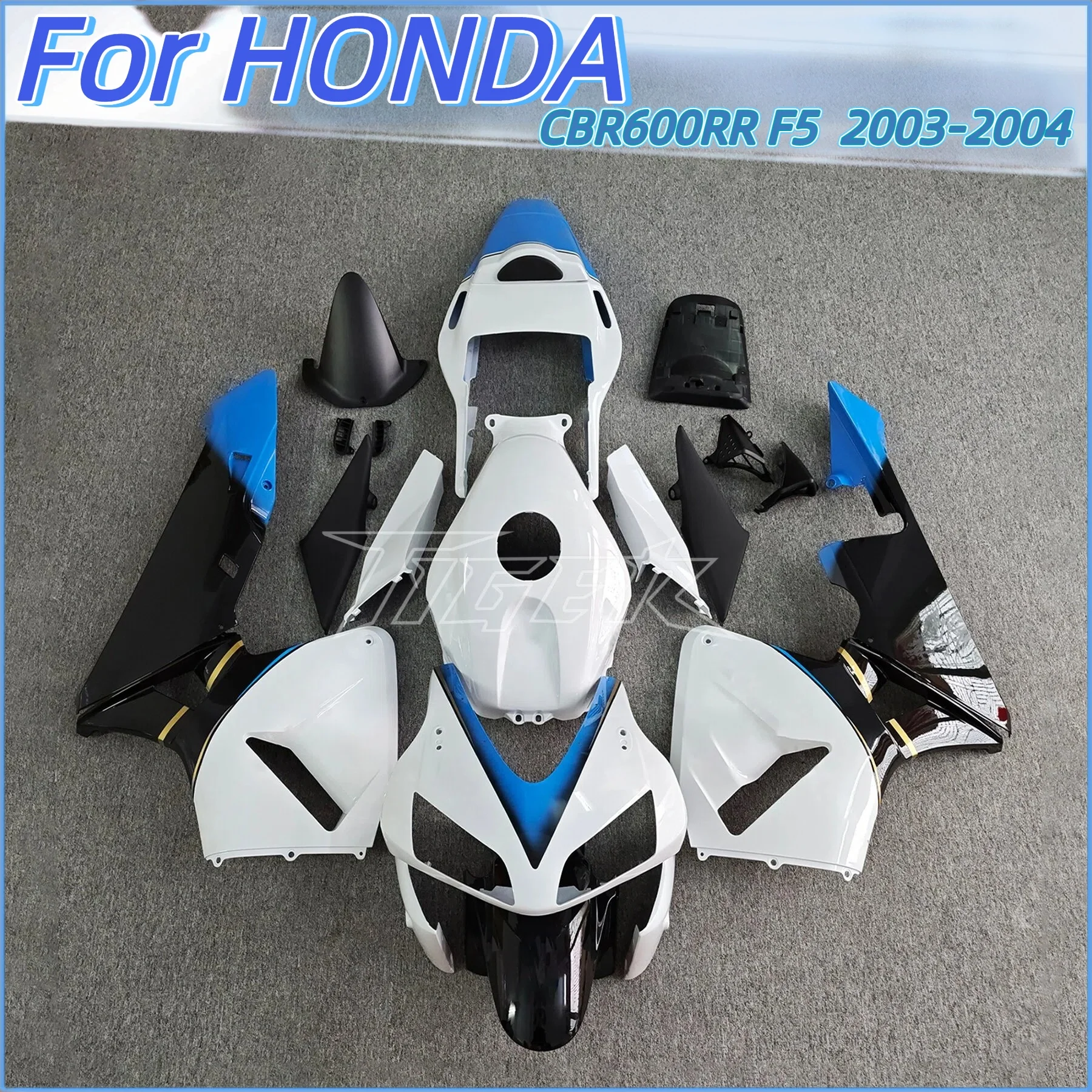 Фото Комплект обтекателей для мотоцикла Honda CBR600RR F5 2003-2004, пластиковые обтекатели, набор обтекателей CBR 600RR CBR 600 RR 03-04, черно-золотой цвет, корпус/каркас №2