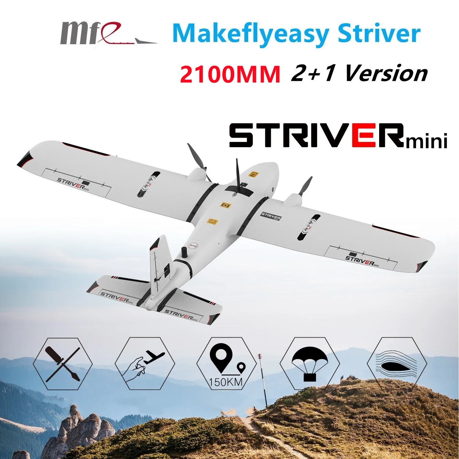

Makeflyeasy Striver mini Hand 2100mm 2+1 Version Aerial Survey Carrier Fix-wing UAV Aircraft Mapping RC FPV Airplane