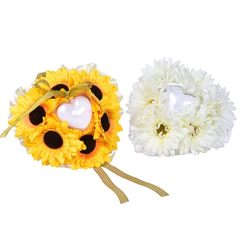 

Romantic Lace Wedding Ring Pillow Sunflower Ring Cushion Heart Ring Box Pillow Cushion Wedding Ceremony Gift for Women T8DE