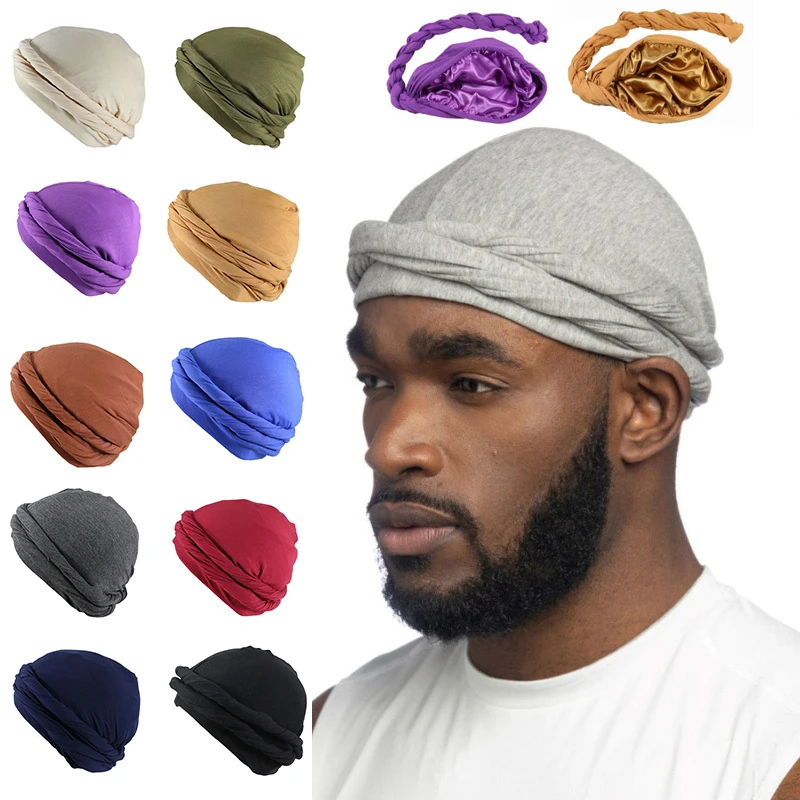 

2023 New Elastic Men's Turban Hat Satin Lining Stretchy Men Bandana Indian Cap Fashion Male Hip Hop Caps Headband Biker Headwrap